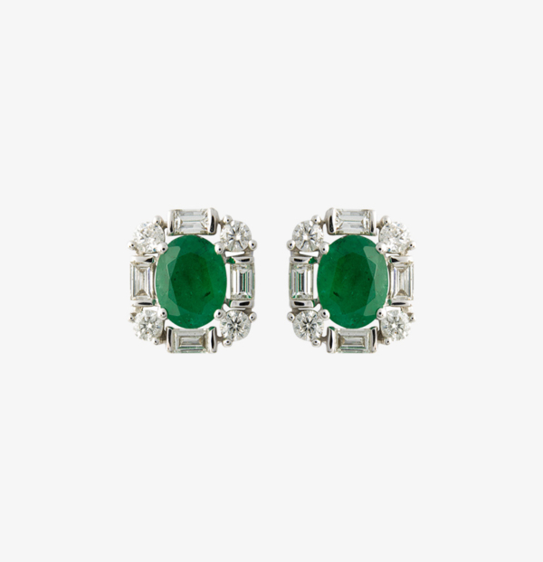 1.Oval Emerald Baguette Diamond Halo Studs